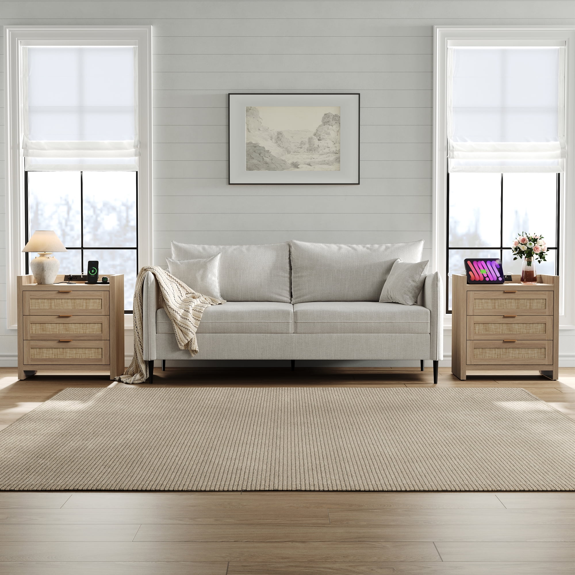 SICOTAS 26.57"H Tall Boho Night Stands Set 2 with Charging Station, Rattan Farmhouse Nightstands with 3 Drawers and Type-c Ports End Table Bed Side Table for Bedroom Enrtyway Livingroom,Light Oak