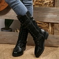 thumbnail image 2 of Mid Calf Combat Boots for Women Vintage Casual Leather Suede Denim Patchwork Lace up Knee High Motorcycle Riding Tall Booties with Side Zipper, 2 of 7