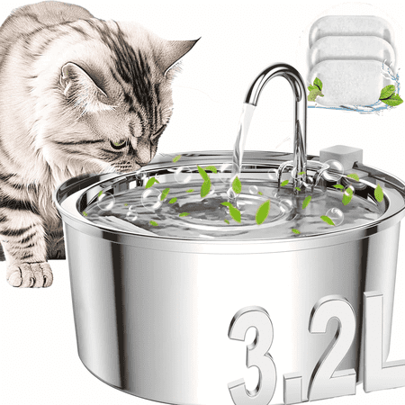 FWMB 3.2L/108oz Cat Water Fountain Stainless Steel with 3 Replacement Filters, Automatic Pet Fountain Dispenser for Cats Dogs, with Ultra-Quiet Pump
