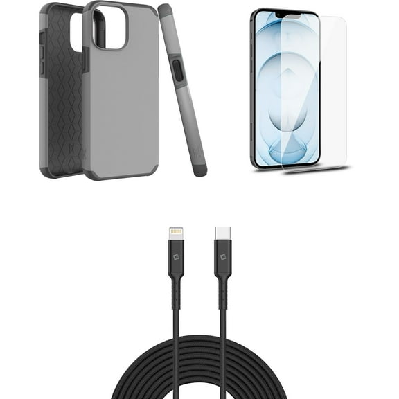 Bemz iPhone 13 Pro Max Bundle: Dual Layer Shockproof Protection Case, Glass Screen Protectors (2-Pack), USB-C to Lightning Cable (3.3ft/1m) and Touch Tool Keychain - Charcoal Grey