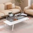 thumbnail image 4 of Rectangle Coffee Table, Modern Double Layer Center Table with Tempered Glass Tabletop and White Metal Legs, Tea Table for Living Room Home Office, Gray Glass, 4 of 11