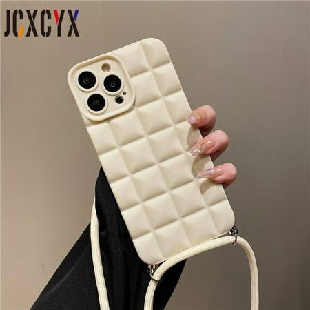 Crossbody Necklace Lanyard Cute Square Grid Soft Case For iPhone 14 Pro Max 13 12 11 X S XR 7 8 Plus SE2022 Shockproof Cover