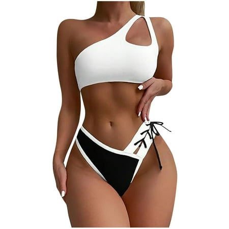 UTSJKR Women s Bikini Sets Cheeky Cutout One Shoulder High Waisted Two Piece Swimsuit Lace Up High Cut Bathing Suit Black S