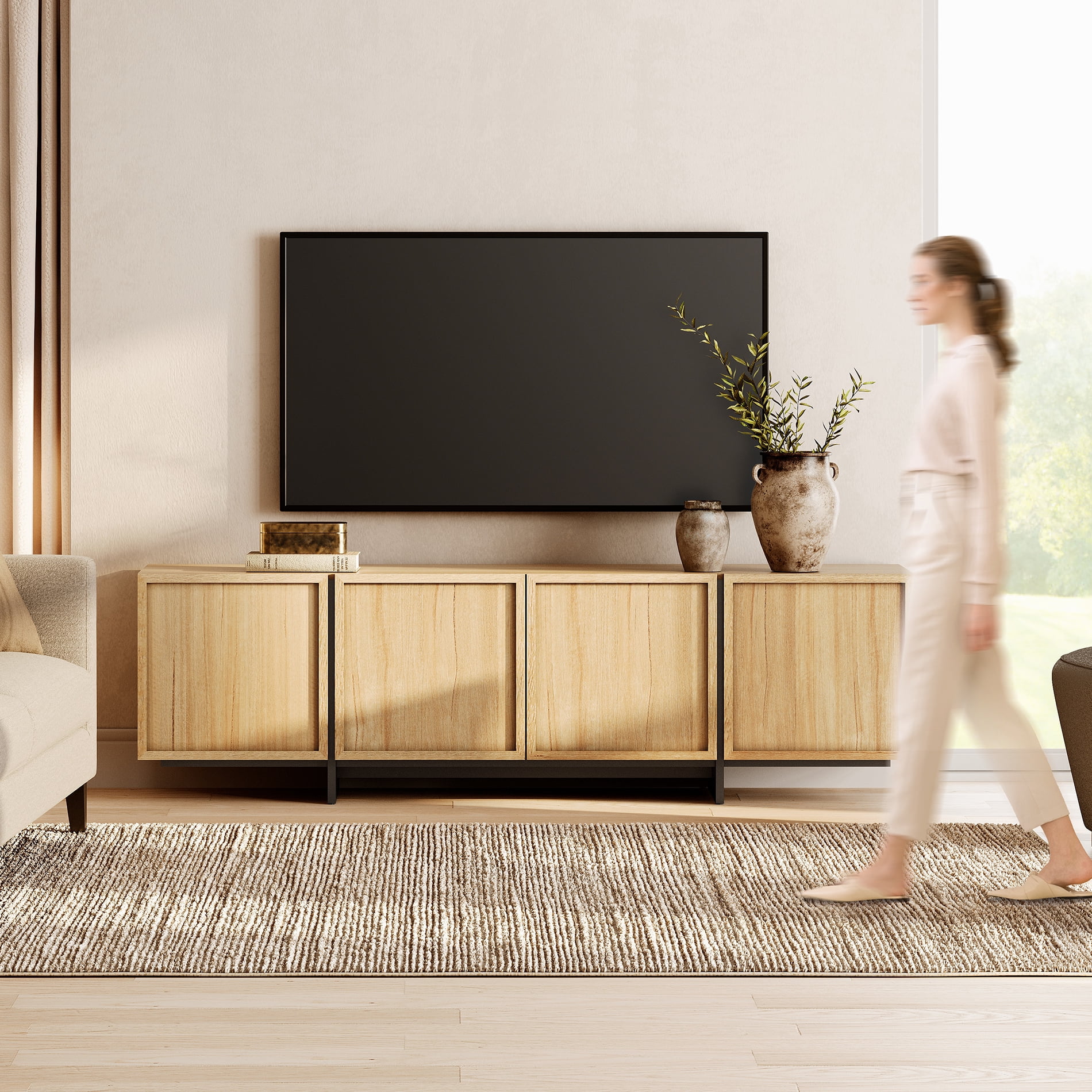 WAMPAT Modern TV Stand for 32-75 inch TVs, Wood Entertainment Center with Storage Cabinets, Media TV Console Table for Living Room, Oak