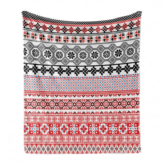 Vintage Soft Flannel Fleece Throw Blanket, Style Pattern with Abstract Mayan Folk Image, Cozy Plush for Indoor and Outdoor Use, 50" x 60", Red Black, by Ambesonne