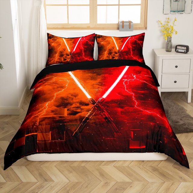 Erosebridal Housse de Couette Sabre Laser pour Ados Double, Literie Géométrie Carrée Taille Double, Orange Rouge, Réversible 3 Pcs
