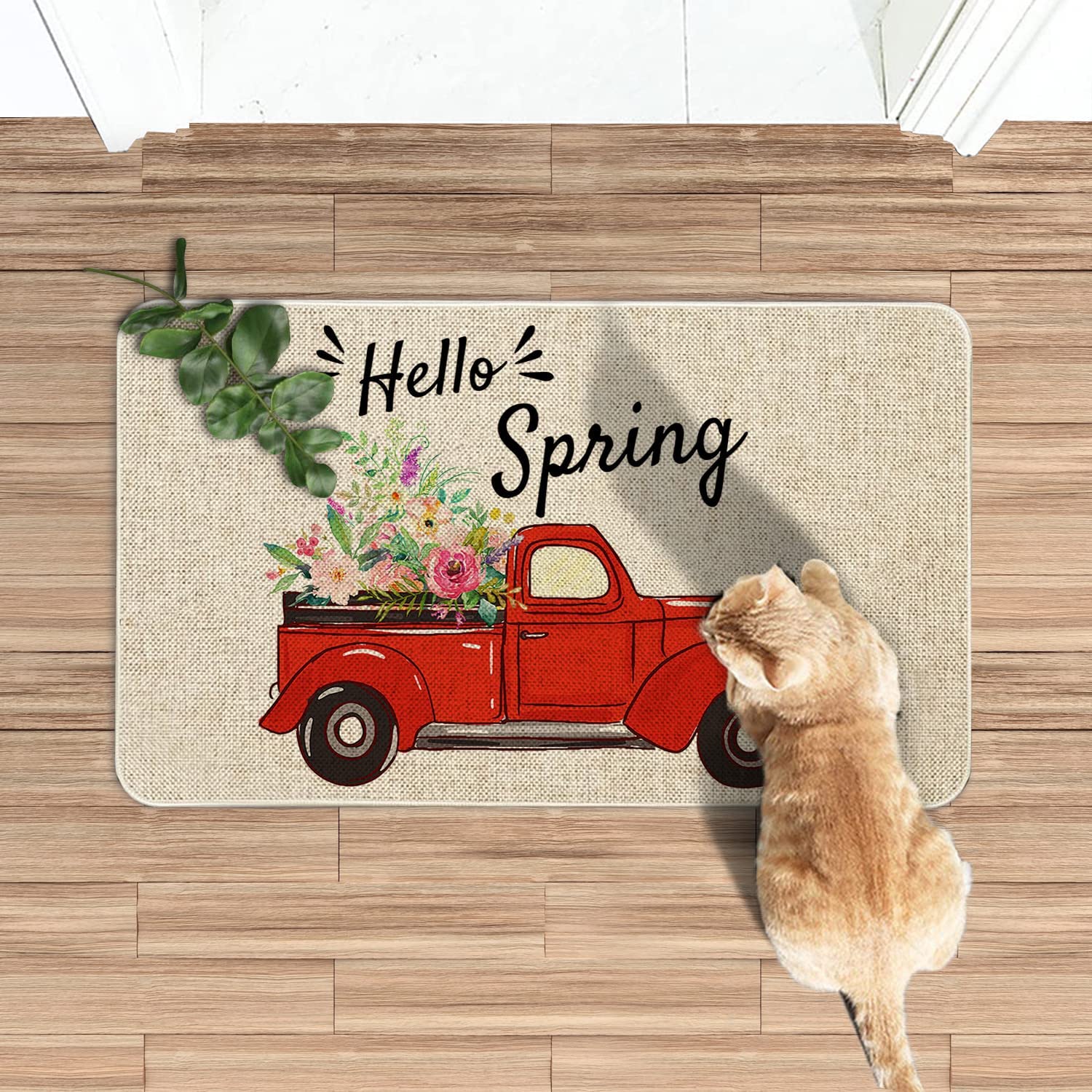 Spring Door Mat 30 X 17 Inch Hello Spring Red Truck with Flowers Doormat Indoor Outdoor Entrance Floor Mat Non Slip Spring Decor Rubber Mats