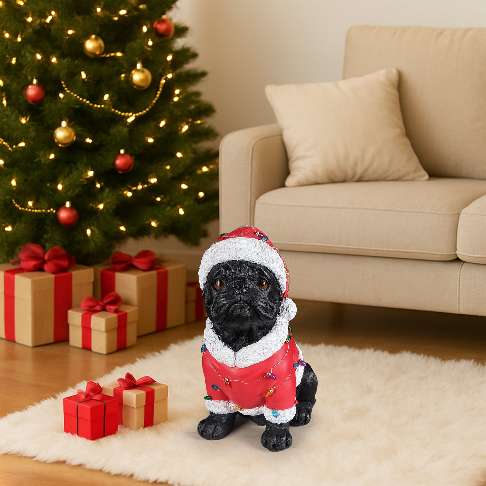 Pug Santa Outfit Christmas Dog Statue with Santa Hat Bulb Accents Holiday Tabletop Decor