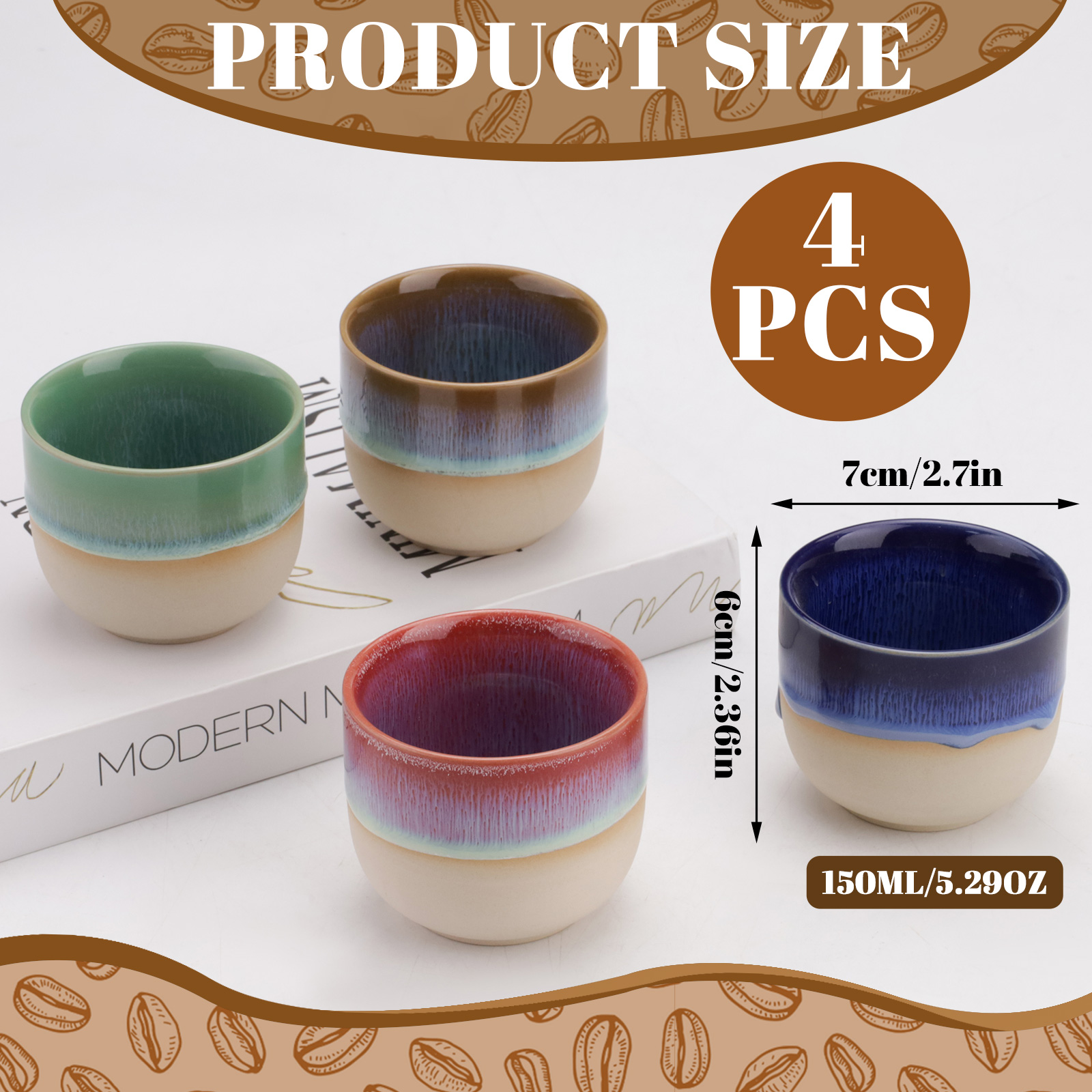4 Pieces Handleless Porcelain Espresso Cups Set, 5 Oz Porcelain Espresso Mugs, Semi-Glaze Clay Demitasse Coffee Cups for Home Office Mocha Tea Machine (2.3" x 2.7", Colorful)