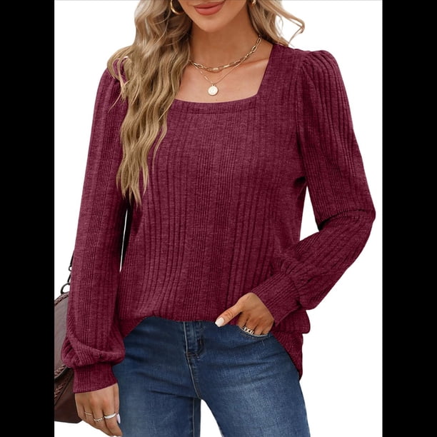 Camisas Tipo Túnica para Mujer, Camisas Holgadas de Larga, Camisas de Cuello Cuadrado Vino Tinto L