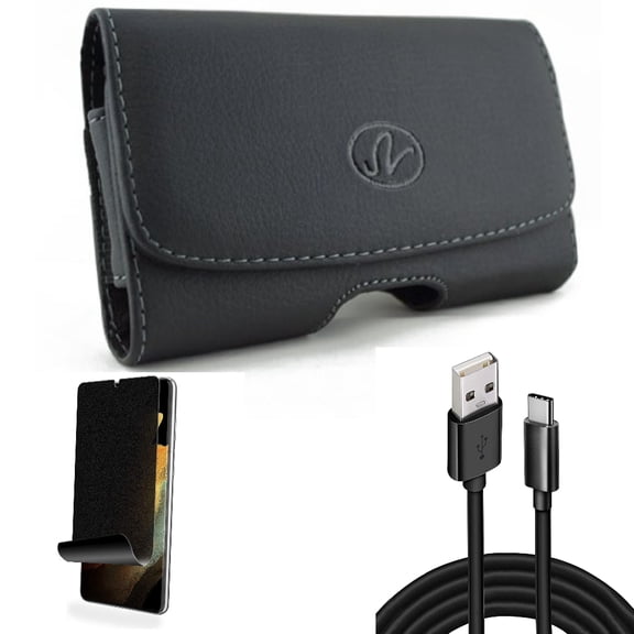 10ft USB Cable & Case Belt Clip & Privacy Screen Protector for Samsung Galaxy S22 Plus (S22 ) - Combo Type-C Charger Cord Power & Leather Swivel Holster & TPU Film (Fingerprint) Anti-Peep