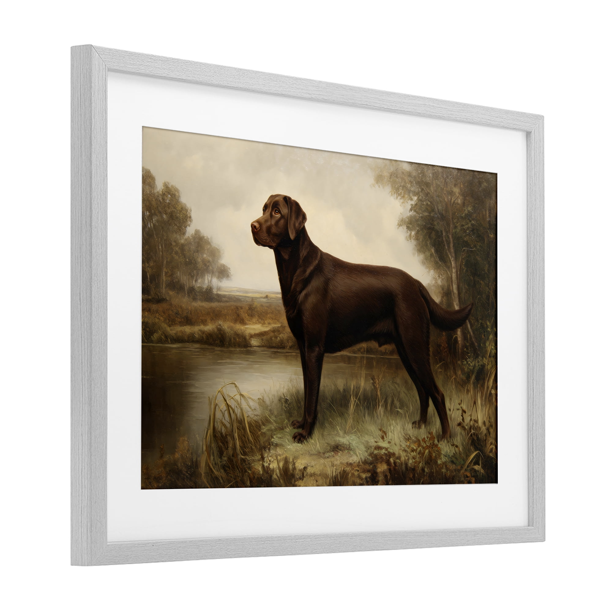 Stupell Industries Brown Lab By The River Gray Framed Print Under Glass, design by Petal Prints Design