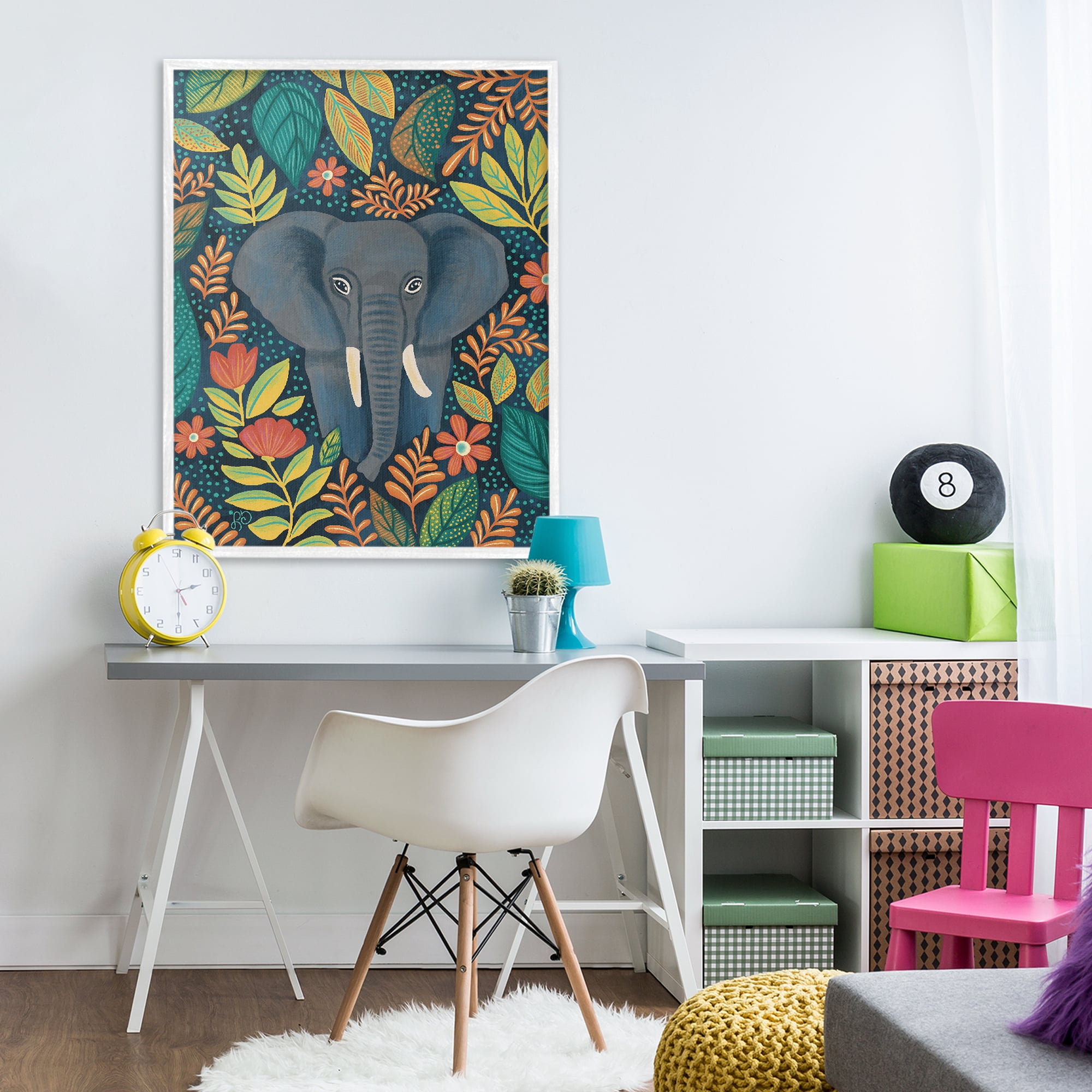 Stupell Industries Exotic Leaf Pattern Elephant White Framed Giclee Art, design by Lisa R Dumm