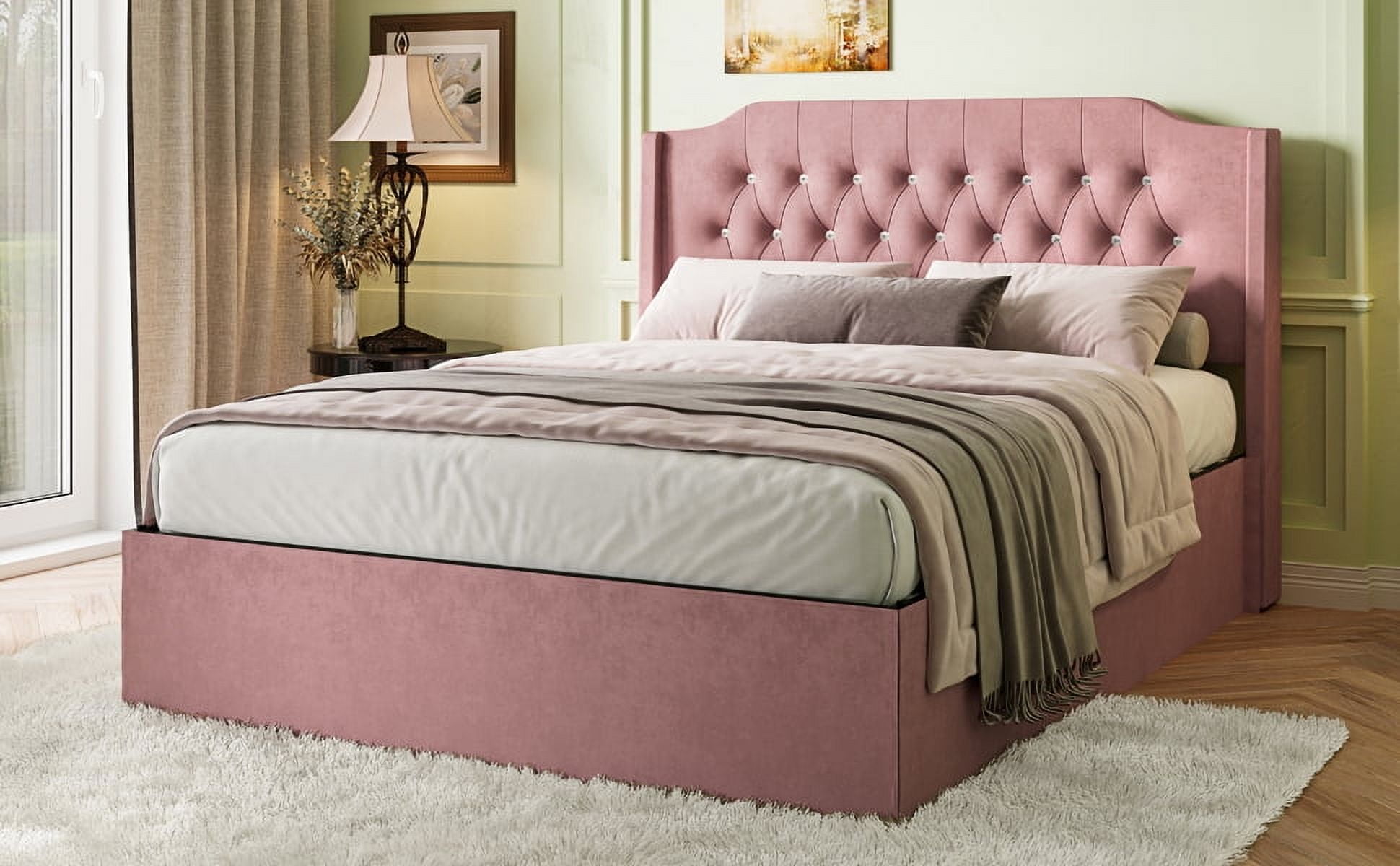 Gewnee Queen Size Velvet Modern Bed Frame with Deep Button Anna Diamond Upholstered Platform Tufted Headboard,