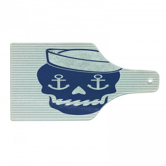 Skull Cutting Board, Anchor Eyed Heart Nose and Wavy Mouth Marine on Stripes, Decorative Tempered Glass Cutting and Serving Board, in 3 Sizes, by Ambesonne