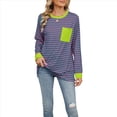 thumbnail image 3 of Camisas de Larga para Mujer, Cuello Redondo A Rayas, Corte Holgado, Camiseta de Bloques de Color Otoño 2025 con Bolsillo Tiras de Color Verde Rosa M, 3 of 10