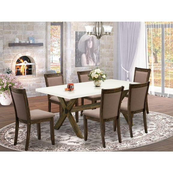 East West Furniture X727MZ748-7 7 Piece Modern Dining Set - A Dining Table with Trestle Base and 6 Coffee Dining Chairs - Distressed Jacobean Finish