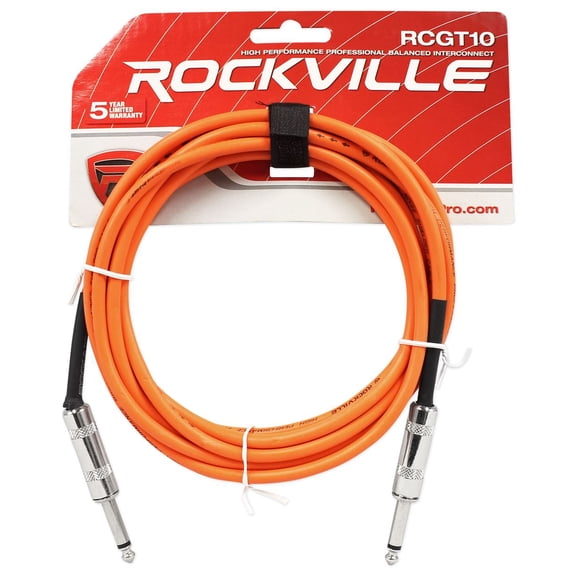 Rockville RCGT10O 10' 1/4'' TS to 1/4'' TS Instrument Cable-Orange 100% Copper