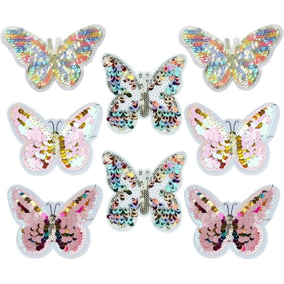 1 Set 8 PCS Sequin Butterfly Embroidery Patch 4 Styles Iron on/Sew on Butterfly Applique Patches Butterfly Shape Cloth Patches for Dresses Bags Clothes Costume Decoration Embellishments
