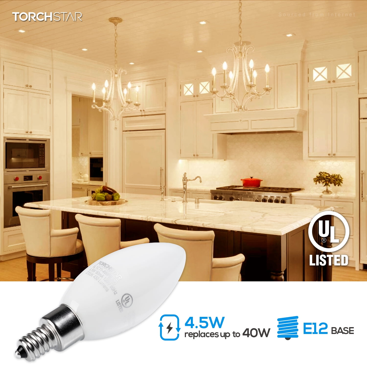 12 Pack Dimmable E12 LED Candelabra Bulb, C11 Milky Chandelier Filament Bulb, Omni Directional, Frosted Glass, 4.5W (40W Eqv.), UL-Listed, 2700K Soft White