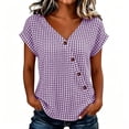 thumbnail image 3 of Favoffer Women's Plaid Pullovers V Neck Short Sleeve Button Placket Grid Weave Loose Silhouette Daily Shirts Picnic Gathering Weekend Rest, 3 of 8