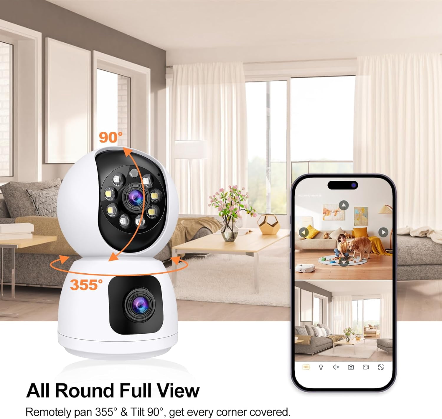 KunMing 2.4GHz WiFi Indoor Security Camera, 2K Dual Lens for Home, Baby, and Pet Monitoring with Night Vision, Motion Detection, Two-Way Audio, Siren, Cloud & SD Card Storage