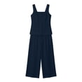 thumbnail image 6 of TEAJOPSUU Womens Summer Linen 2 Piece Solid Sets Matching Travel Outfits Sleeveless Square Neck Button Down Tank Tops Elastic Wide Leg Capri Pants Sets Navy, 6 of 6