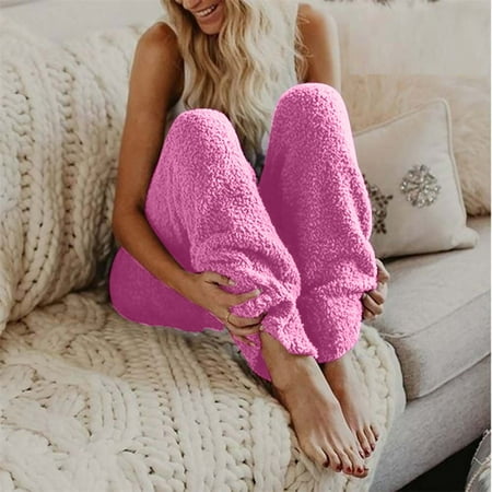 

cllios Plush Pajama Pants for Women Cozy Fuzzy Elastic Waist Cuff Bottoms Warm Fleece Solid Color Lounge Trouser