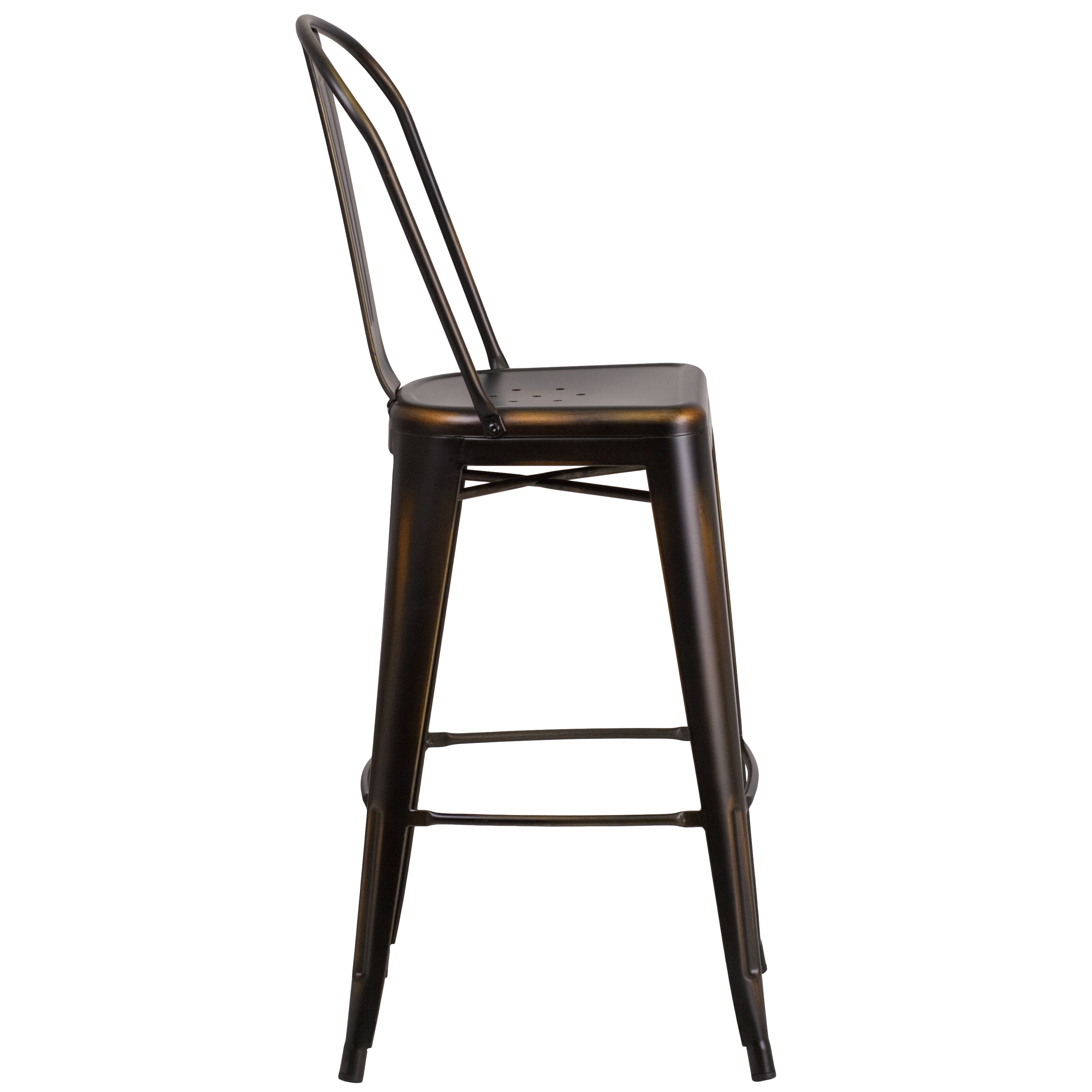 30'' HIGH DISTRESSED COPPER METAL INDOOR BAR HEIGHT STOOL WITH BACK 