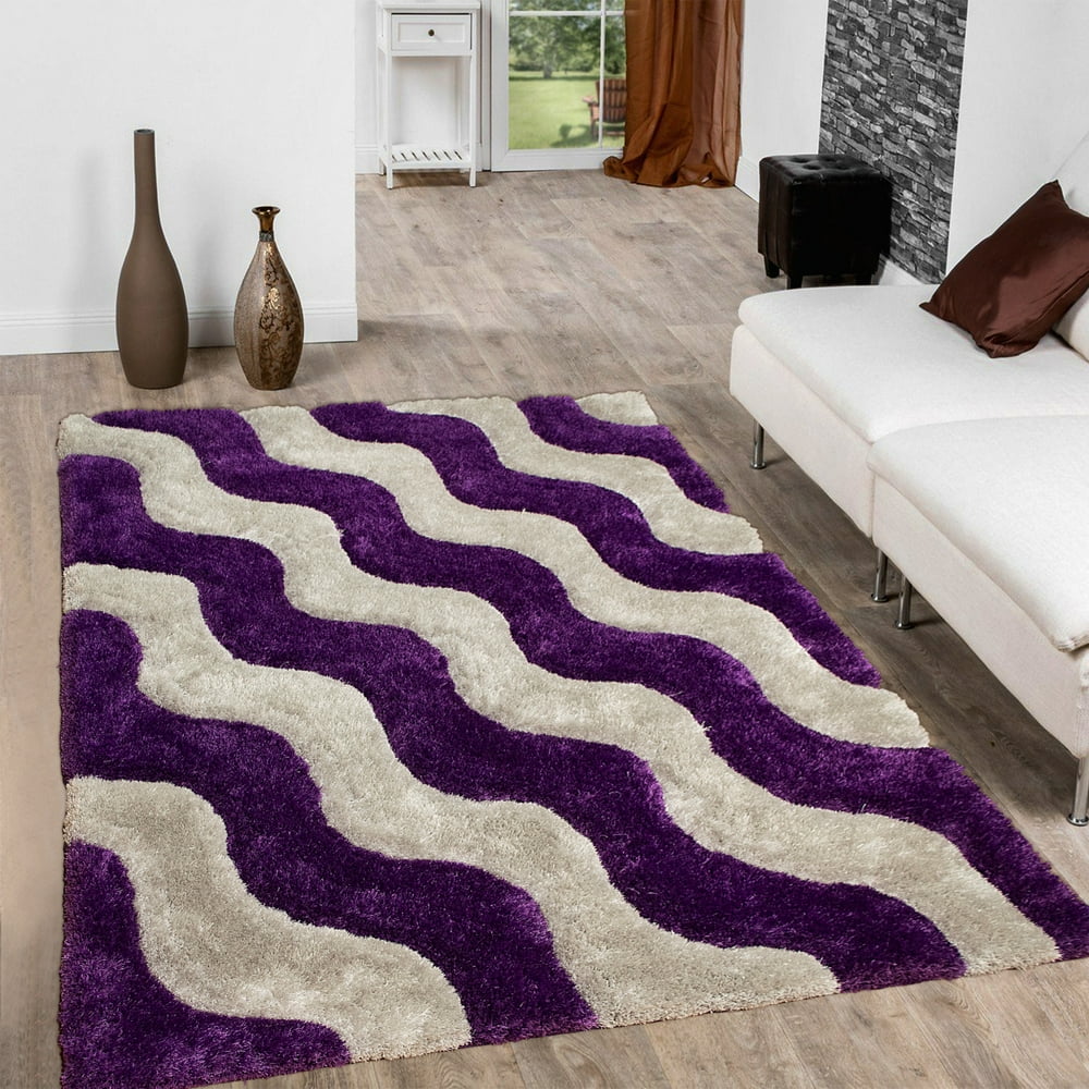 Allstar Purple Shaggy Area Rug with 3D Wavy Design. Contemporary Formal