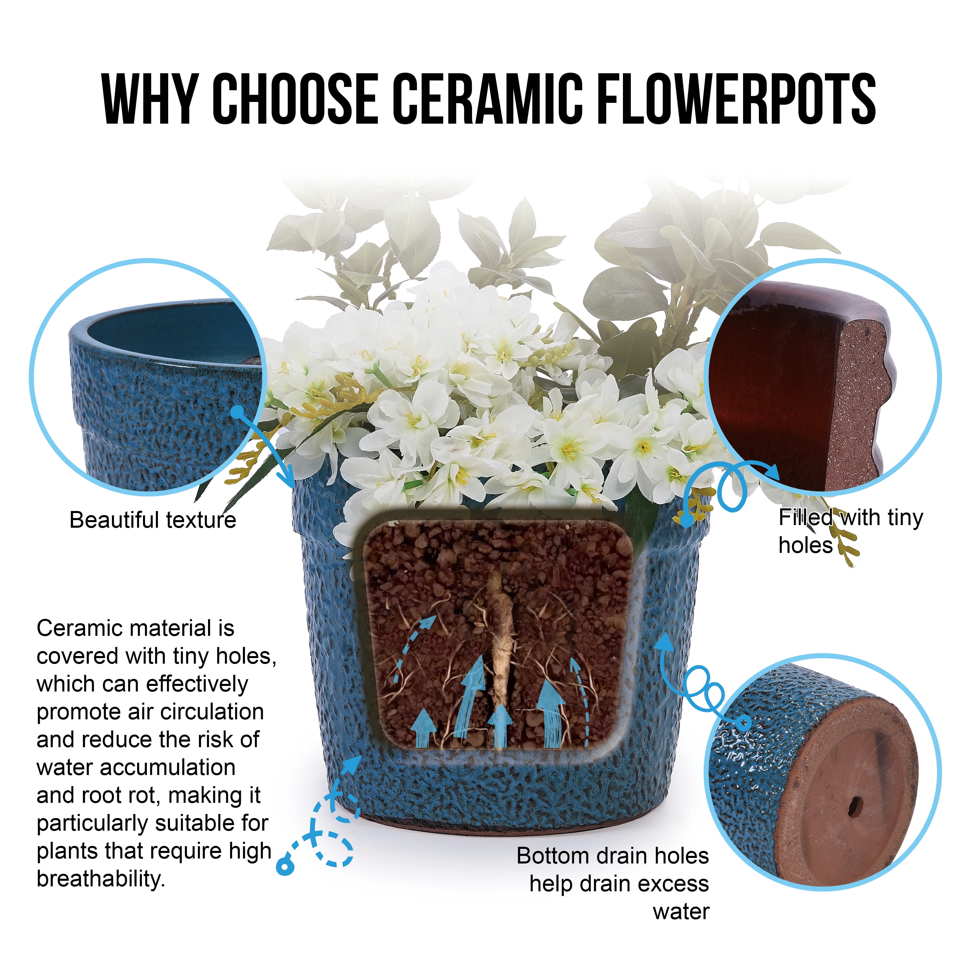 MAYEERTY 3 Pack Ceramic Plant Pots, Planter for Indoor Outdoor Patio, Garden, Blue