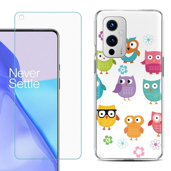 Slim-Fit TPU Phone Case Compatible with OnePlus 9 5G, with Tempered Glass Screen Protector, by OneToughShield ® - Happy Owl