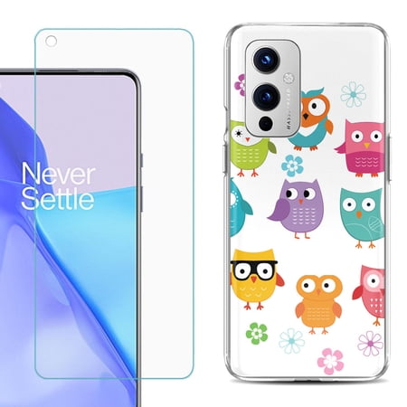 Slim-Fit TPU Phone Case Compatible with OnePlus 9 5G with Tempered Glass Screen Protector by OneToughShield ® - Happy Owl