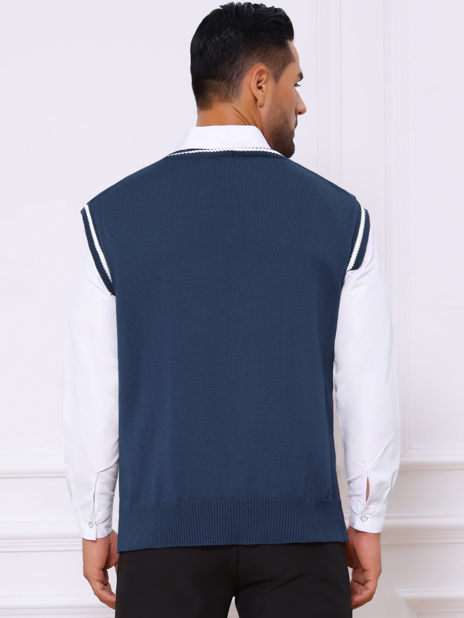 DARING DIVA Men's Solid Color V-Neck Sleeveless Cable Knitted Sweater Vest XL Navy Blue