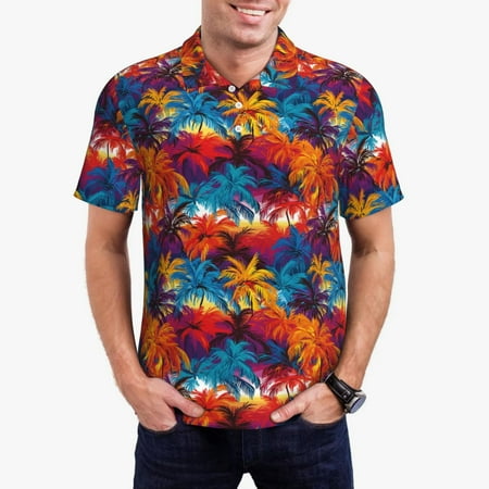 Logiee Colorful Hawaii Palms Print Mens Polo Shirts Mens Golf Polo Shirts Short Sleeve Casual Polo Shirts for Men Summer Fashion Beach Shirts-3X-Large