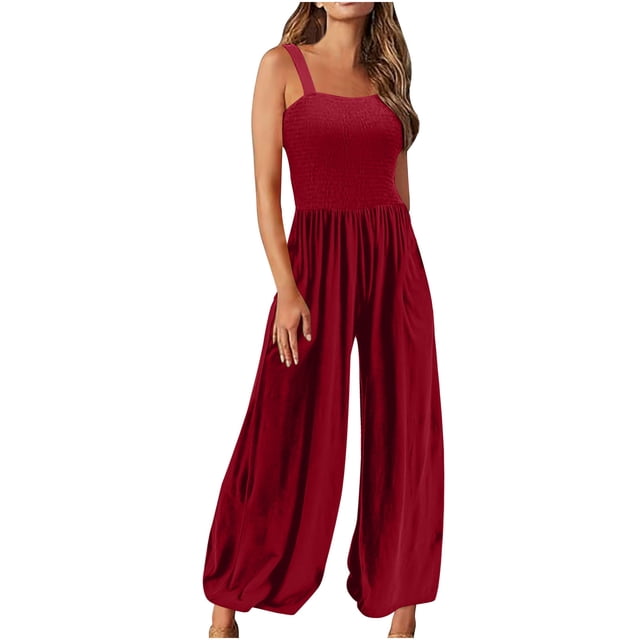 cfhntfmh Rompers for Women Trendy Sleeveless Square Neck Loose Jumpsuit Plus Size Pleated Wide Leg Pants Outfits