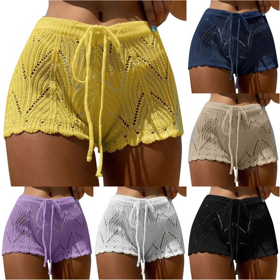 FINALGANG Womens Elastic Waist Solid Color Hollow Knit Drawstring Cover Up Shorts Scalloped Hem Beach Short Summer Swim Cover Up For Seaside Trip Soft Cover Up L