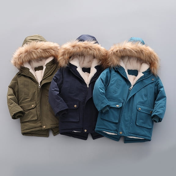 Boys Hooded Winter Parka Coat Faux Fur Trim Sherpa Lined Long Sleeve Outerwear 2-3 Years Jacket for Little Kids