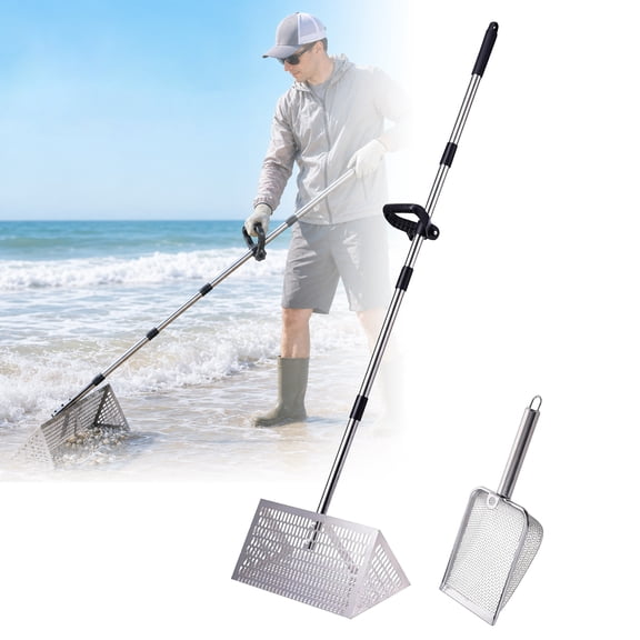 Sand Flea Rake, 16" Wide Stainless Steel Beach Rake with Shark Tooth Screen, Detachable 54" Handle, Rust Proof Portable Tool for Fishing Bait, Shelling & Yard Cleaning, Saltwater Resistant
