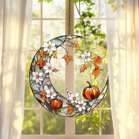 Crescent Moon Suncatcher: Pumpkin & Floral Fall Window Decor