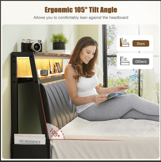 YDSM Queen size Platform Bed Frame with 105-Degree Tilted Upholstered Headboard, Charging Station, LED Lights, Noiseless, Black and Brown