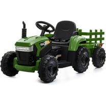 TOBBI 12V Kids Ride on Tractor with Trailer LED Lights USB Bluetooth Electirc Car Toy, Dark Green