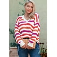 thumbnail image 1 of FOLUNSI Chandail Chic Grande Taille Col en V, Manches Longues, Rayures Roses, Épaules Tombantes, 1 of 8
