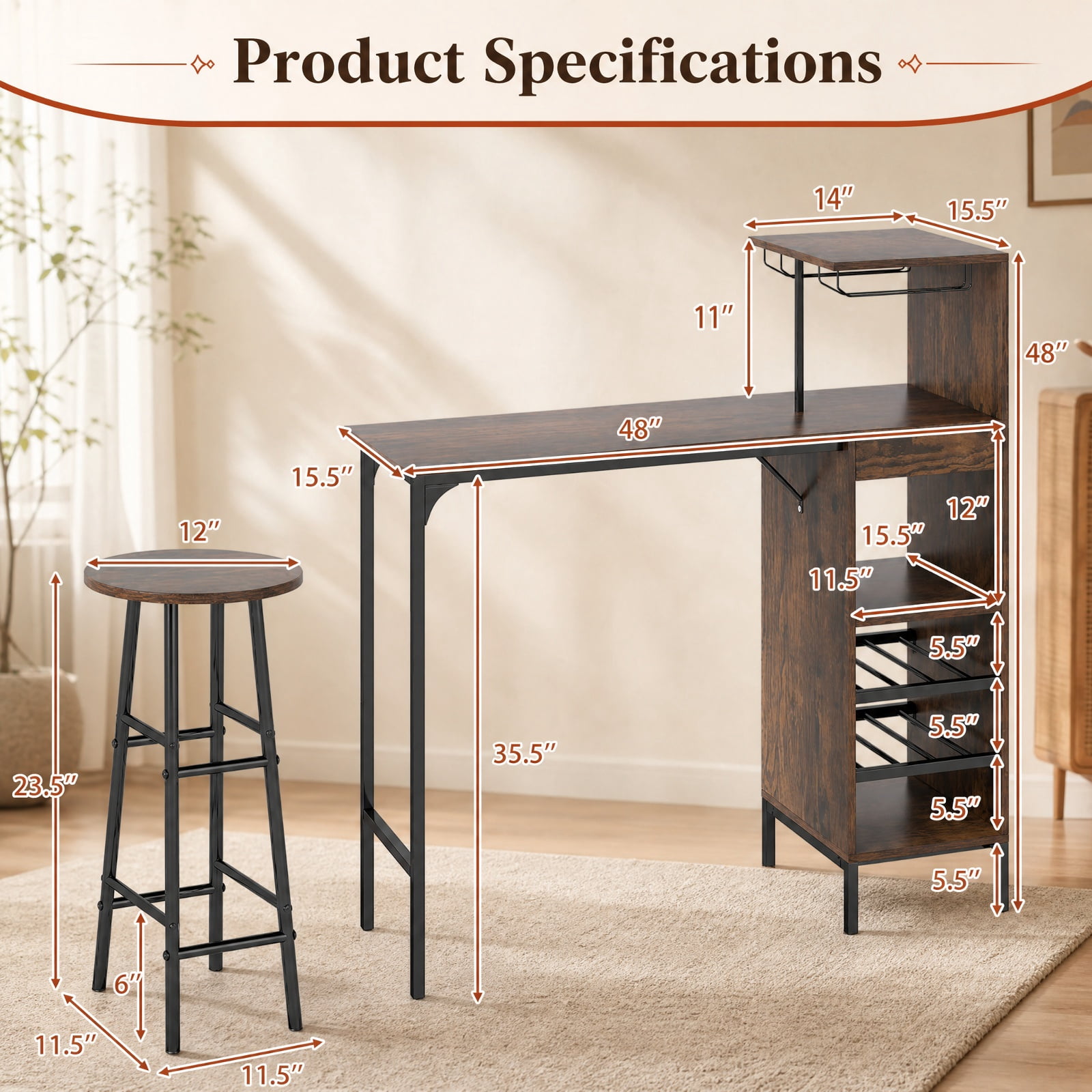 Furnibear 3 Piece Bar Table and Chairs Set with 6-Bottle Wine Rack for Kitchen Dining Room Breakfast Nook Home, Rustic Brown