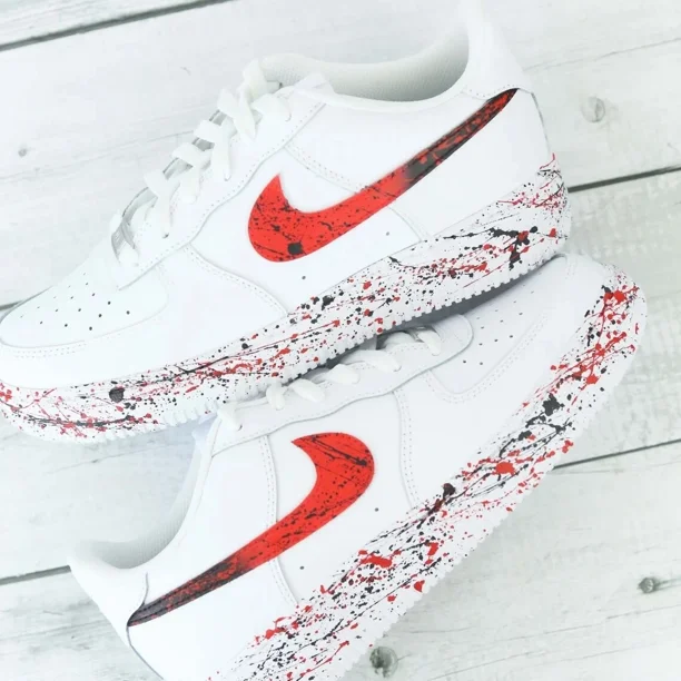 Ni&ke Air Force 1 Custom Red Black Splatter Swoosh White Shoes Mens Womens