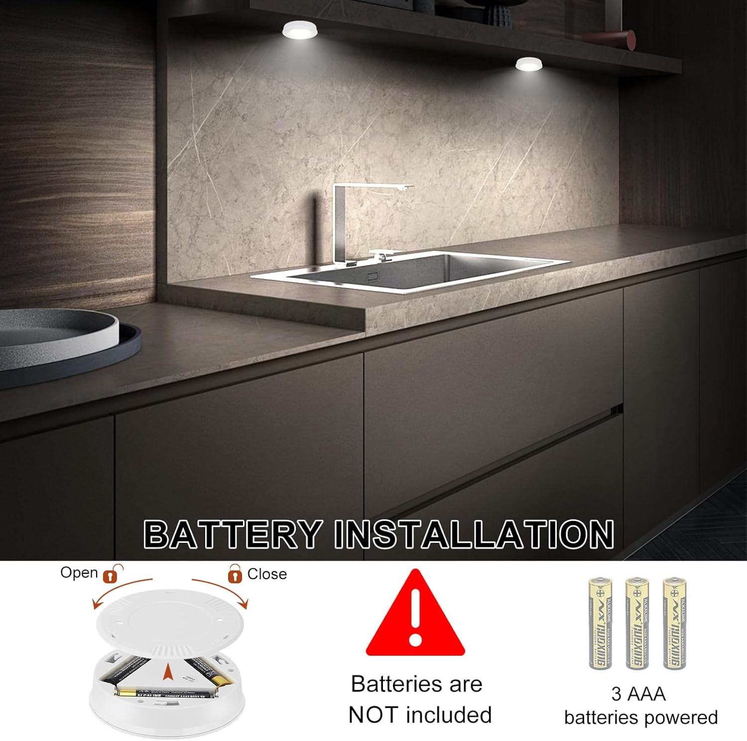 JJEAN-Wireless LED Puck Lights, Touch Activated Tap Ligh Push Light, Battery Operated Stick On Lights for Under Cabinet, Kitchen, Closet & Counters, 6-Pack, White
