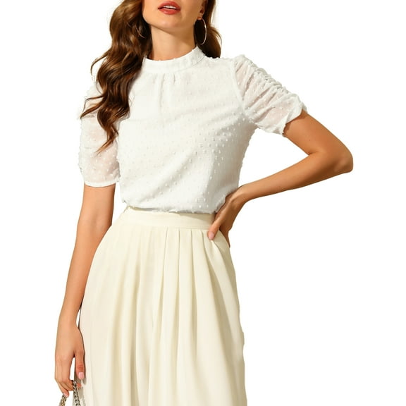 INSPIRE CHIC Women's Swiss Dots Chiffon Blouse Short Puff Sleeves Tops White M