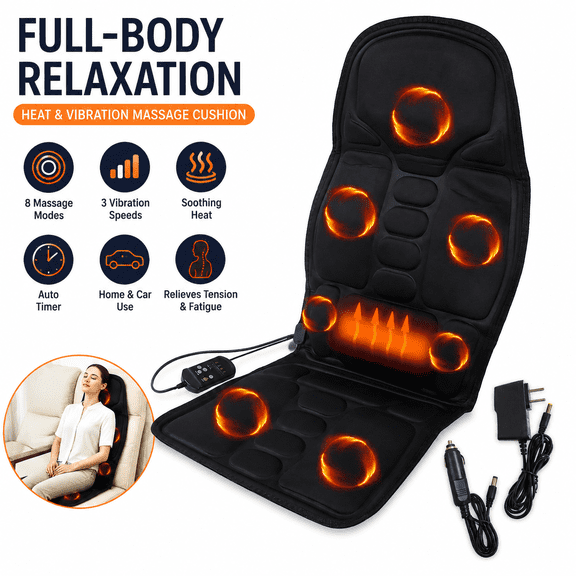 Car Back Massager, Seat Cushion Massager with Heat and Vibration,8 Modes & 3 Speeds & Timer, Electric Back Neck Lumbar Full Body Massager, Chair Pad Massager for Car Home Office Relaxation
