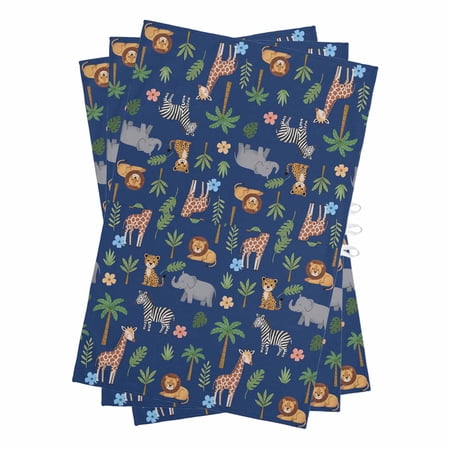 Tropical Palm Kitchen Towels Set of 3 Water Absorbent Dish Towel Giraffes Zebras Lions Elephant Animal Dark Blue Decorative Hand Towels - Quick Drying Cloth for Cooking Baking 18x28 Inch