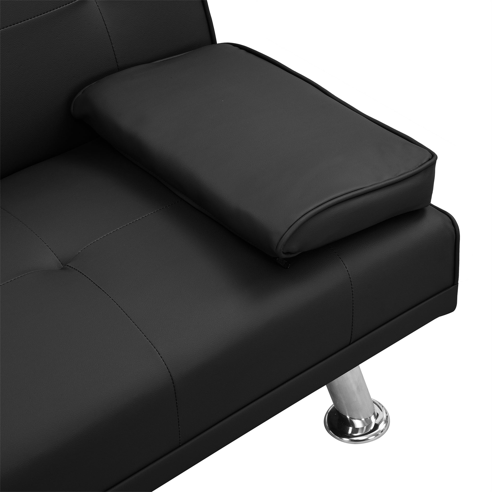 Aukfa Leather Futon Sofa Bed Modern Convertible Couch Folding Chaise with 2 Cup Holders, Black